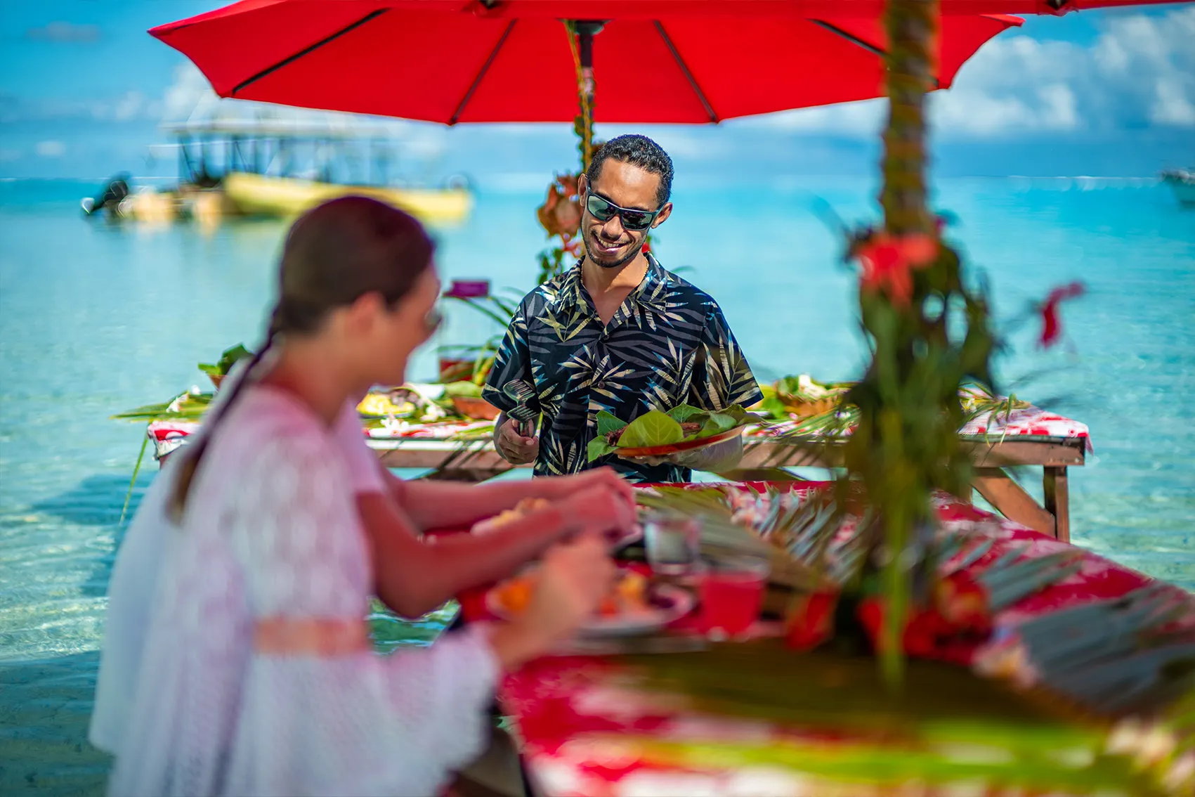 Traditional Polynesian lunch served on a private motu in Bora Bora
