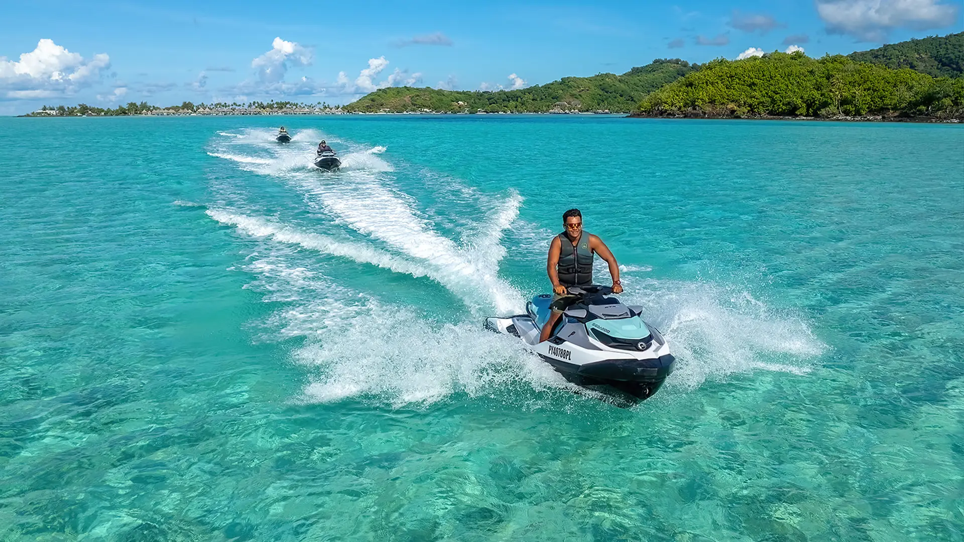 Guided jet ski tour across the turquoise lagoon of Bora Bora